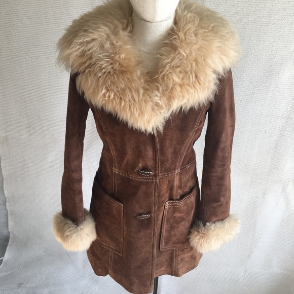 VTG 60s 70s BROWN CREAM FUR TRIM DOUBLE BREASTED PENNY LANE LEATHER COAT 8 10